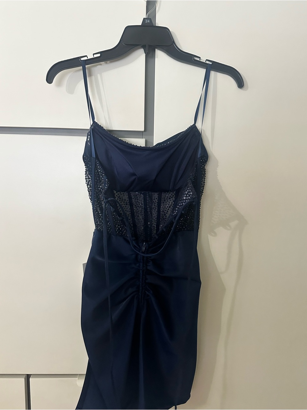 Navy Lace-Trim Satin Slip Dress with Sheer Side Panels